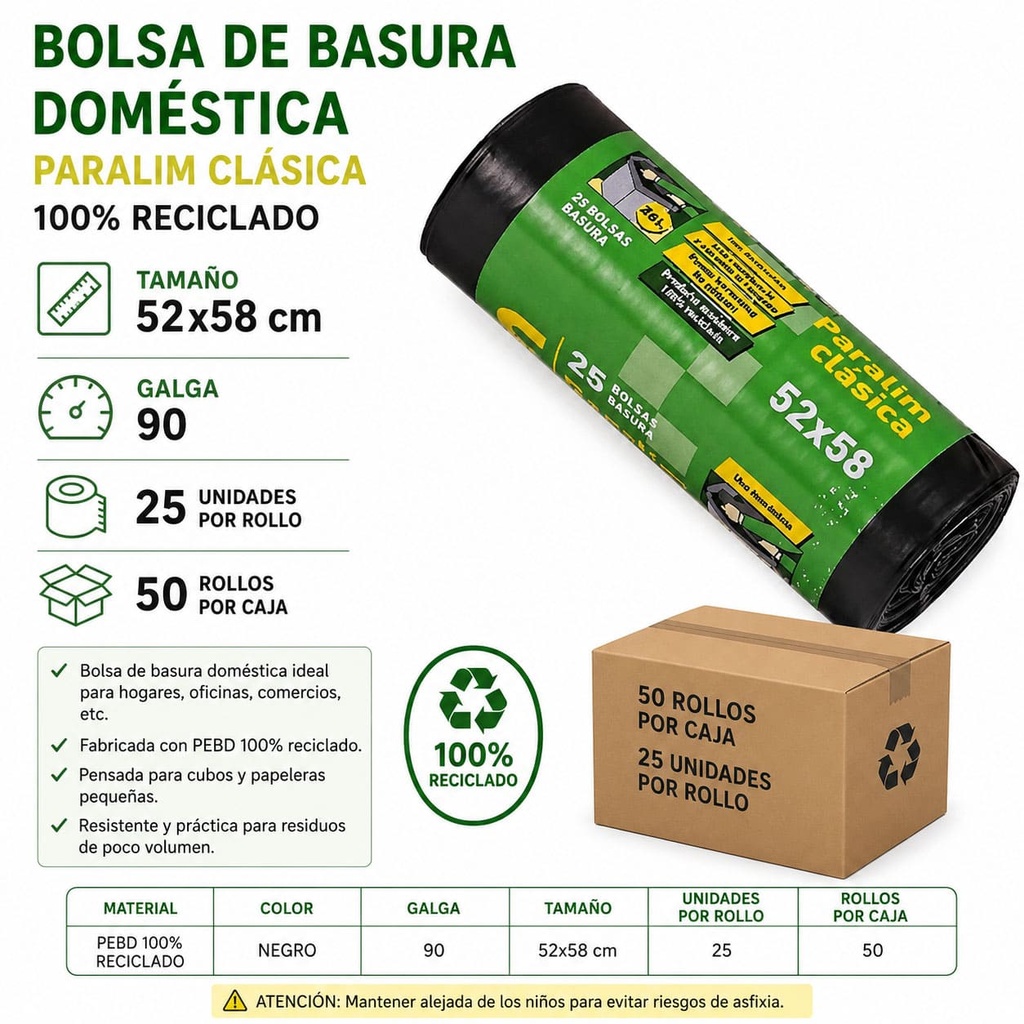 Bolsa de basura domestica 52x58 negra galga 90 - 50 rollos