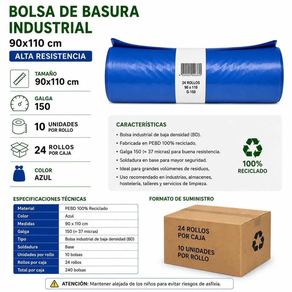 Bolsa de Basura Industrial Azul 90cmx110cm galga 150 Caja 24 Rollos 