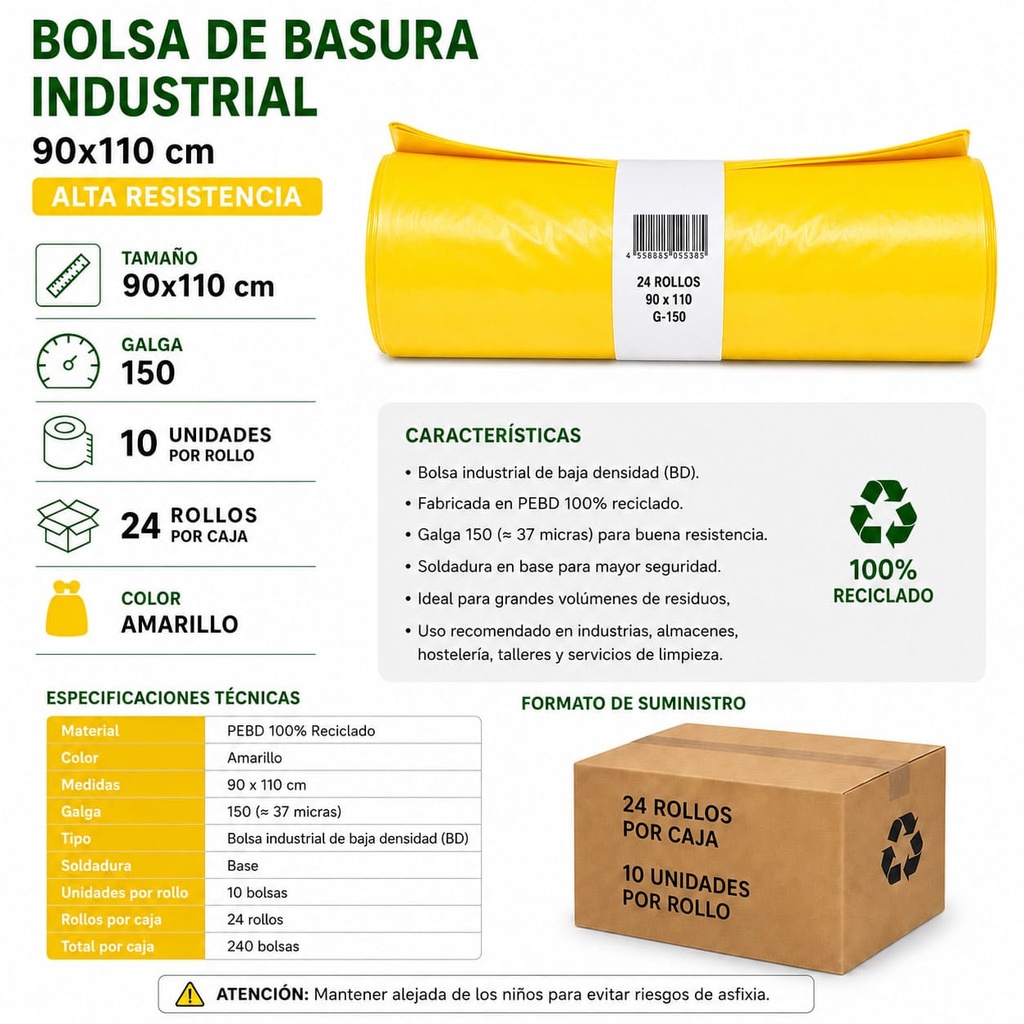 Bolsa de Basura Industrial Amarilla 90cmx110cm galga 150 Caja 24 Rollos