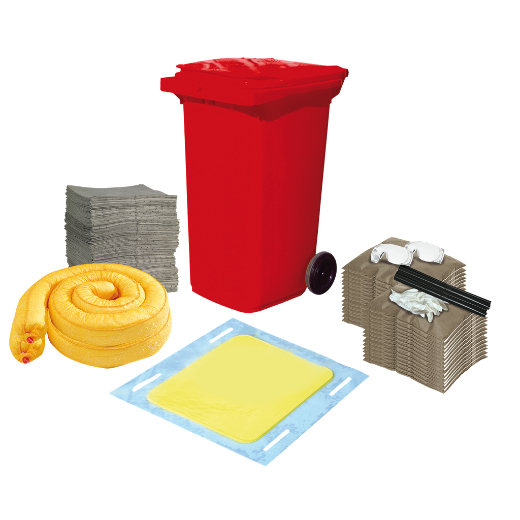 [421.946.16] Kit Absorbente Universal De 150 Litros Con Placa En Contenedor Móvil Rojo.