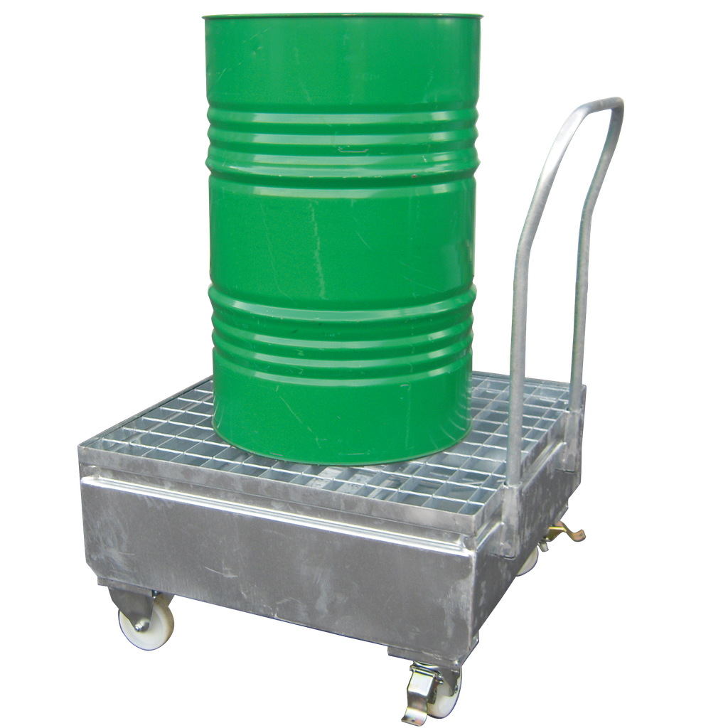 [036.484.35] CARRO DE RETENCIÓN DE ACERO GALVANIZADO DE 220L PARA 1 BIDÓN.