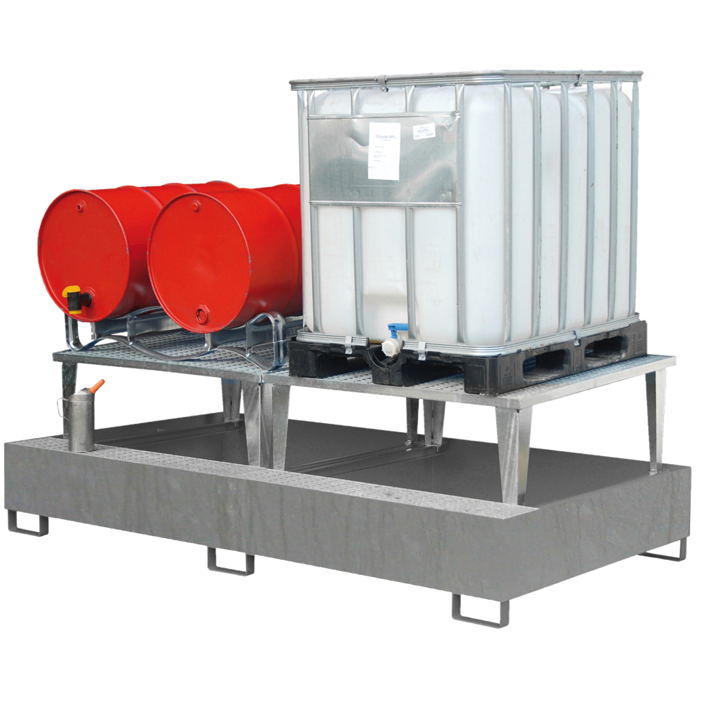 CUBETO DE RETENCIÓN DE ACERO GALVANIZADO EN CALIENTE DE 1128L PARA 2 IBC EN TRASIEGO.