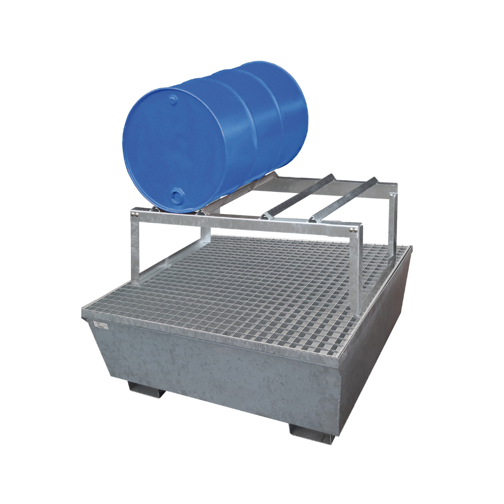 [885.410.36] CUBETO DE RETENCIÓN DE ACERO GALVANIZADO DE 220L PARA 2 BIDONES ACOSTADOS, REJILLA GALVANIZADA.