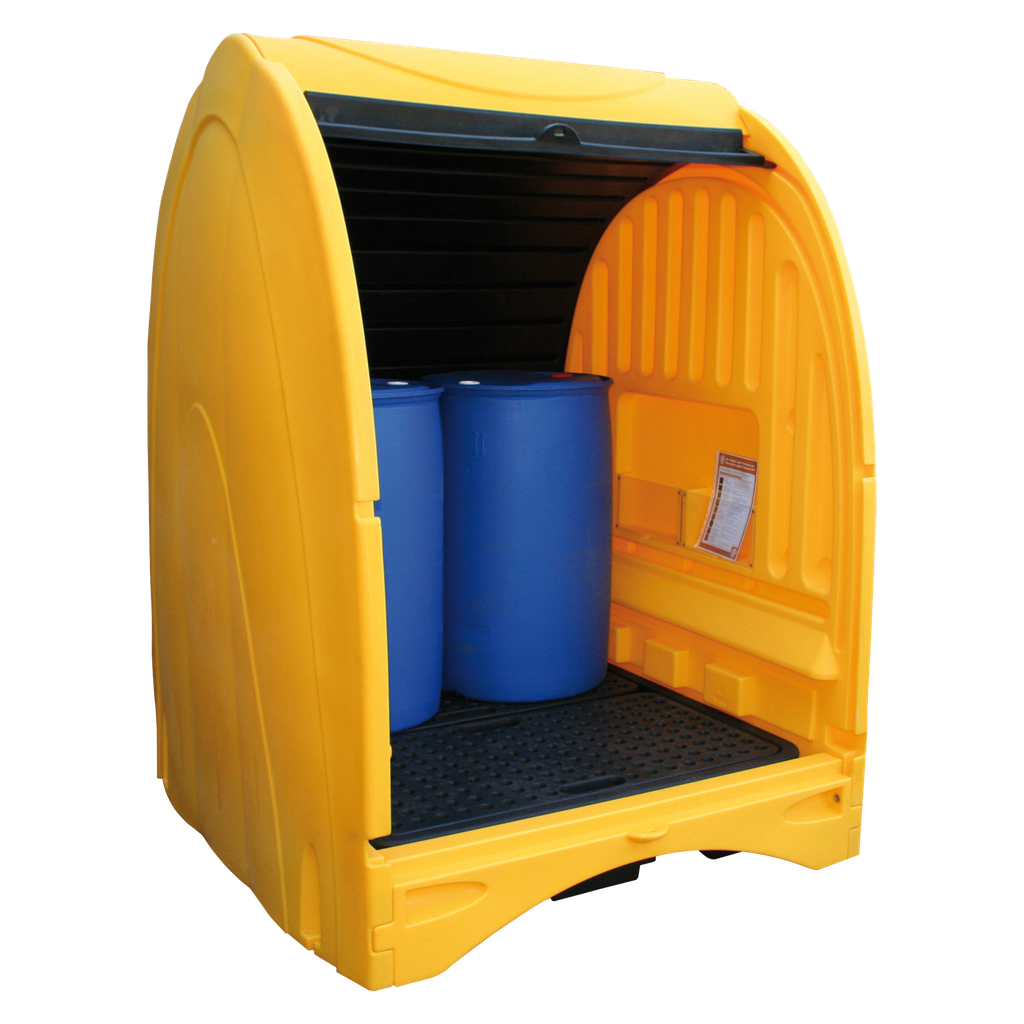 BOX DE RETENCIÓN DE POLIETILENO AMARILLO CON SOLAPAS DE 250 LITROS PARA 4 BIDONES.