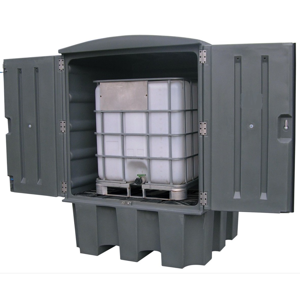[038.319.00] CONTENEDOR CON RETENCIÓN DE POLIETILENO GRIS CON PUERTAS BATIENTES DE 1100 LITROS PARA 1 IBC.
