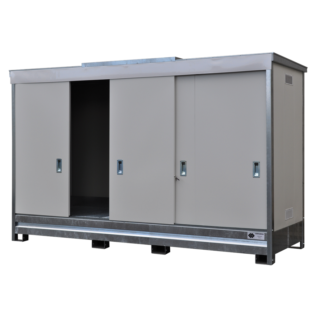 [040.521.15] CONTENEDOR DE UN NIVEL CON PUERTAS CORREDERAS PARA 3 IBC, REVESTIMIENTO DE PE.