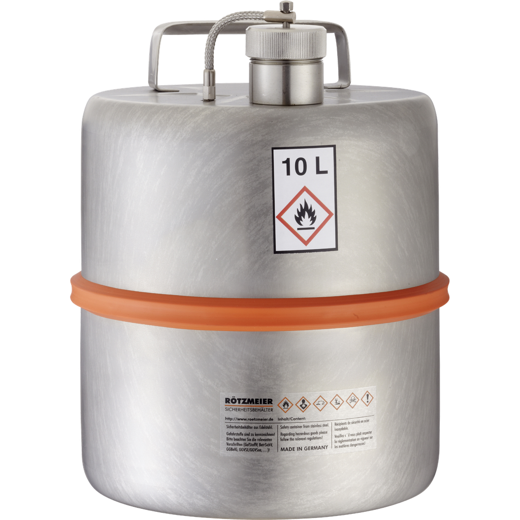 BIDÓN DE TRANSPORTE DE ACERO INOXIDABLE CON ORIFICIO SUPERIOR PARA LÍQUIDOS INFLAMABLES.
