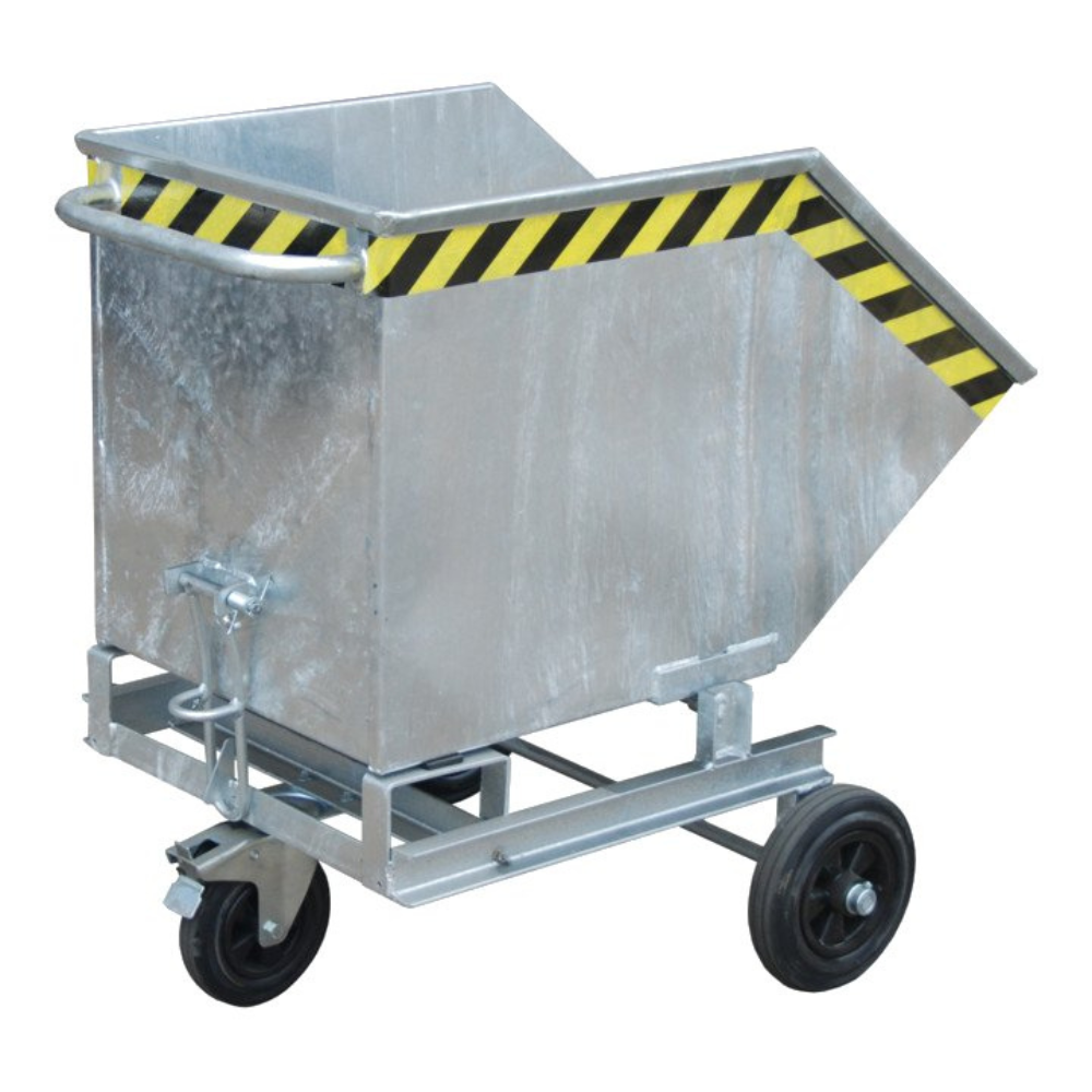 CONTENEDOR BASCULANTE CON CARRITO Y FUNDAS GALVANIZADAS EN CALIENTE DE 1000 LITROS.