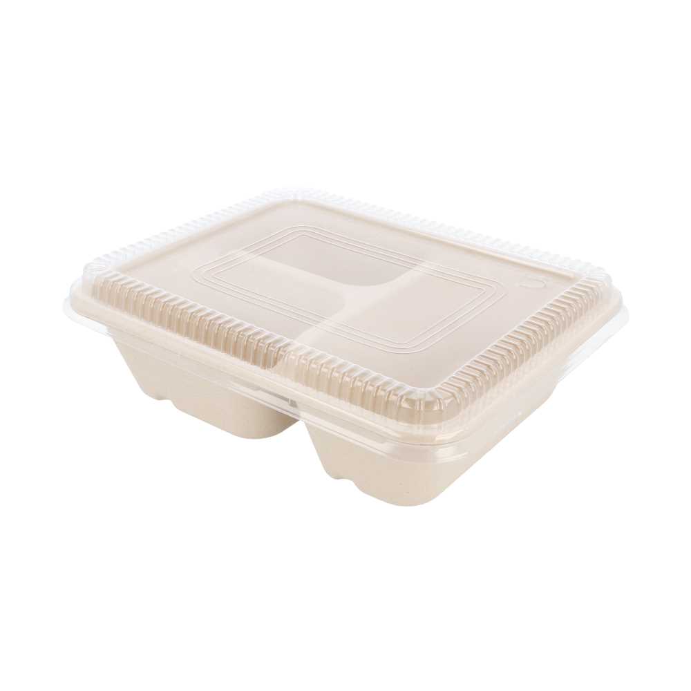[228.73] Bandejas 3 Compart + Tapa Pet 'Bionic' 950 Ml 22X18X5,5+1,3 Cm Natural Bagazo (100 Unid.)