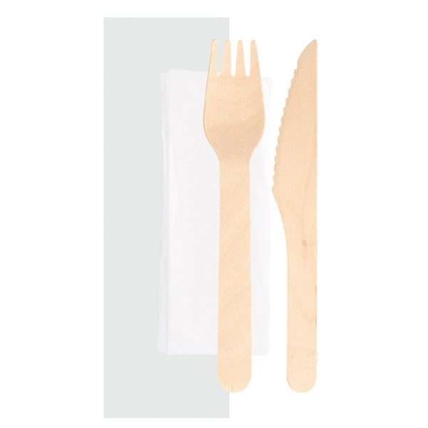 [228.21] Set 3/1 Tenedor, Cuchillo, Servilleta 'Makan' 16 Cm Natural Madera (100 Unid.)