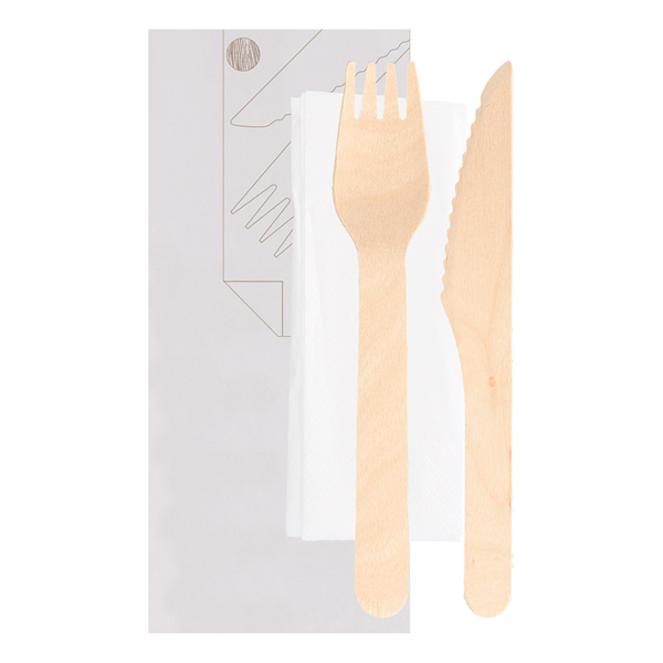 [250.84] SET 3/1 TENEDOR, CUCHILLO, SERVILLETA 'MAKAN' 16 CM NATURAL MADERA (100 UNID.)
