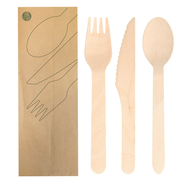 [250.59] SET 3/1 TENEDOR, CUCHILLO, CUCHARA 'MAKAN' 16 CM NATURAL MADERA (100 UNID.)