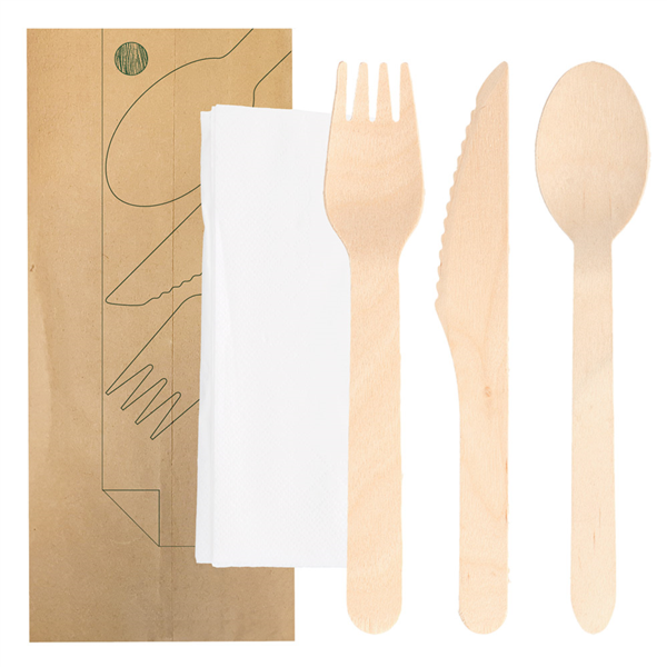 Set 4/1 Tenedor, Cuchillo, Cuchara, Servilleta 'Makan' 16 Cm Natural Madera (100 Unid.)