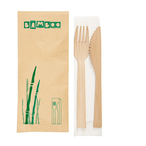 [262.95] SET 3/1 TENEDOR, CUCHILLO, SERVILLETA 17 CM NATURAL BAMBÚ (50 UNID.)