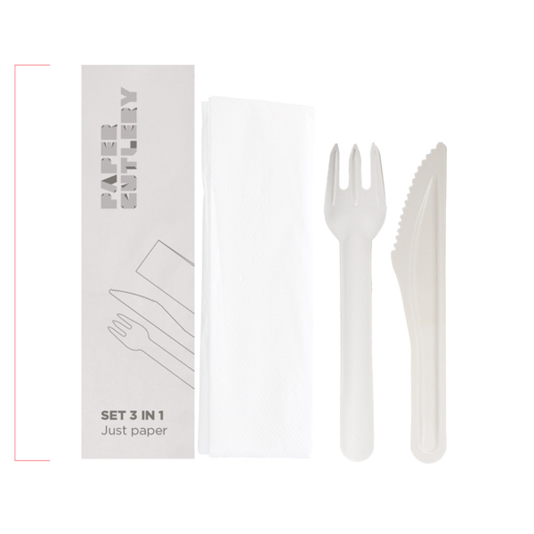 [268.69] SET 3/1 TENEDOR, CUCHILLO, SERVILLETA 'PAPER CUTLERY' 15,8 CM BLANCO PAPEL (100 UNID.)