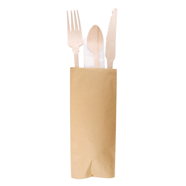 Set 4/1 Tenedor, Cuchillo, Servilleta, Cucharilla 'Classic' 20 Cm Natural Madera (100 Unid.)