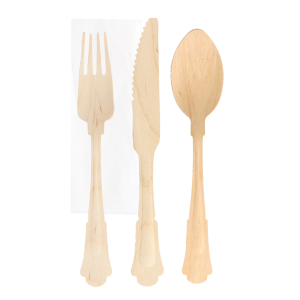 [204.34] Set 4/1 Tenedor, Cuchillo, Cuchara, Servilleta 'Classic' 20 Cm Natural Madera (100 Unid.)
