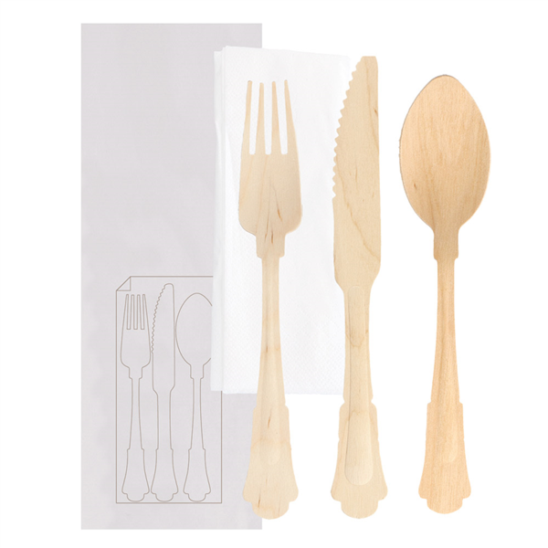 [250.82] SET 4/1 TENEDOR, CUCHILLO, CUCHARA, SERVILLETA 'CLASSIC' 20 CM NATURAL MADERA (100 UNID.)