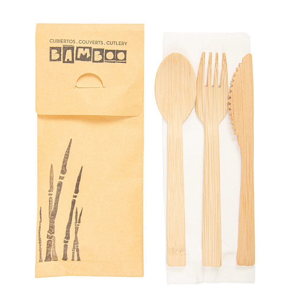 Set 4/1 Tenedor, Cuchillo, Cuchara, Servilleta 17 Cm Natural Bambú (50 Unid.)