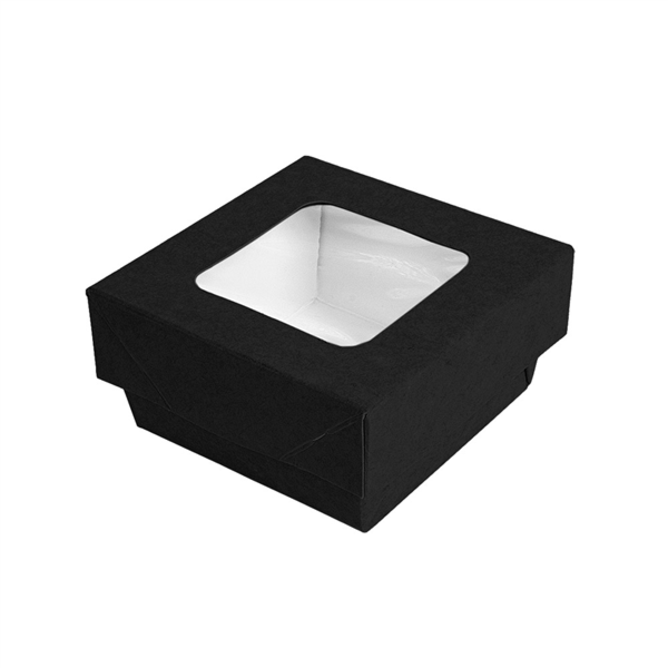 [257.74] CAJITAS+TAPAS CON VENTANA 200 ML - 6,6 oz 270 + 15 PE G/M2 7x7x4 CM NEGRO CARTONCILLO (250 UNID.)