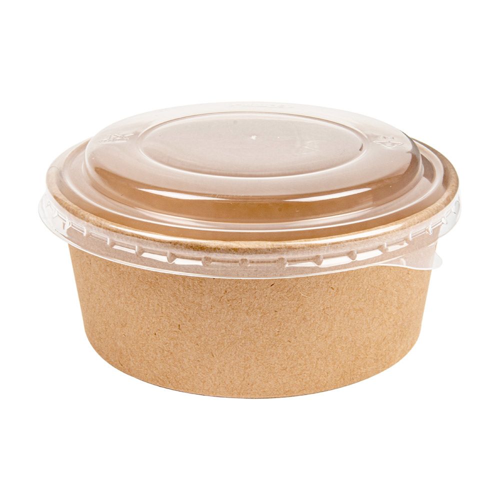 [233.45] COMBO ENSALADERAS + TAPAS PET 750 ML - 25 oz 300 + 18 PE G/M2 Ø15/12,8x6 CM NATURAL KRAFT (200 UNID.)