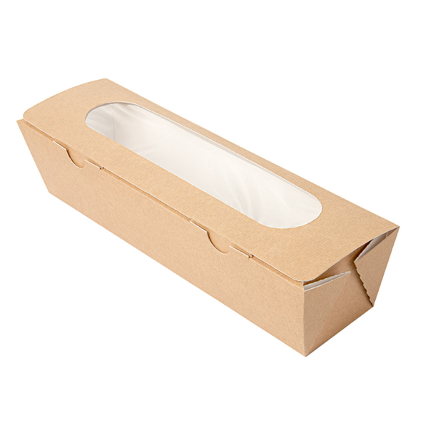 CAJAS SÁNDWICHES CON VENTANA - BAGUETTE 'THEPACK' 220 G/M2 + OPP 27,5x8x6,2 CM NATURAL CARTÓN ONDULADO NANO-MICRO (200 UNID.)
