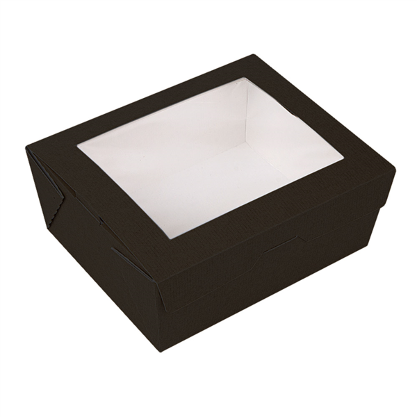 [255.90] CAJAS CON VENTANA 'THEPACK' 1350 ML 230 G/M2 + OPP 15,3x12,1x6,4 CM NEGRO CARTÓN ONDULADO NANO-MICRO (200 UNID.)