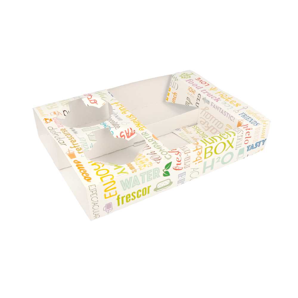 [229.85] Bandejas Transporte 2 Vasos+2 Compart. 'Parole' 450 G/M2 26X19X5 Cm Blanco Cartoncillo (200 Unid.)