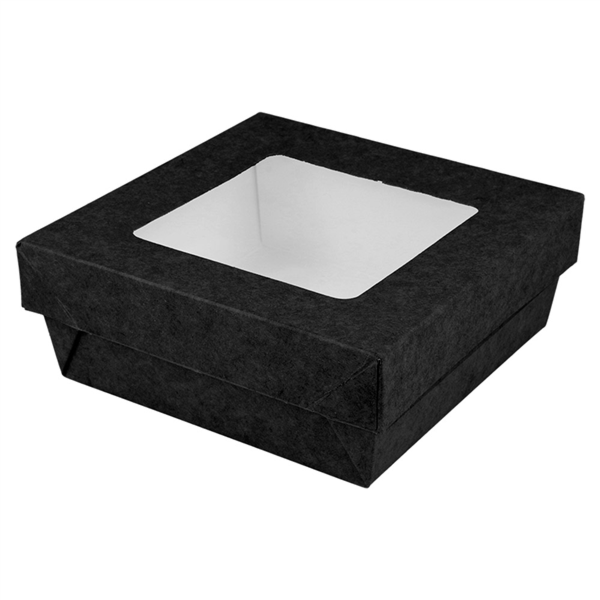 [255.99] CAJITAS+TAPAS CON VENTANA 'THEPACK' 500 ML 230 G/M2 + 12PP +OPP 12x12x5 CM NEGRO CARTÓN ONDULADO NANO-MICRO (250 UNID.)