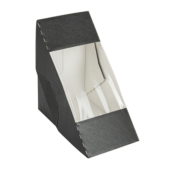 [256.36] CAJAS SÁNDWICHES CON VENTANA - DOBLE 'THEPACK' 230 G/M2 + OPP 12,4x12,4x7,5 CM NEGRO CARTÓN ONDULADO NANO-MICRO (500 UNID.)