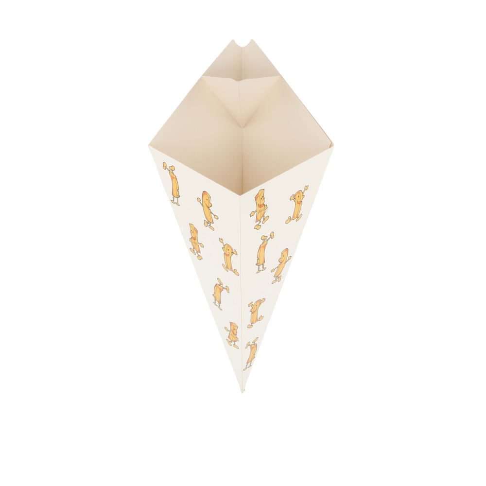 [230.18] CUCURUCHOS CON PESTAÑA 'THEPACK CHIPS' 250 G 230 G/M2 16,5x27 CM BLANCO CARTÓN ONDULADO NANO-MICRO (1200 UNID.)