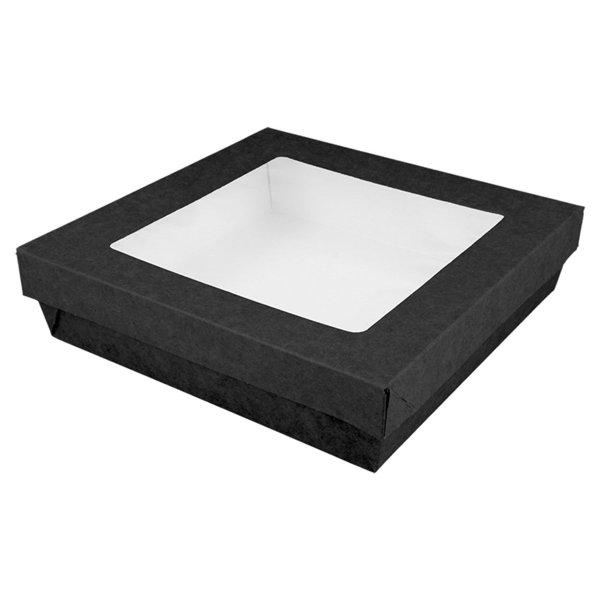 [256.00] CAJITAS+TAPAS CON VENTANA 'THEPACK' 750 ML 230 G/M2 +12PP +OPP 14x14x5 CM NEGRO CARTÓN ONDULADO NANO-MICRO (250 UNID.)