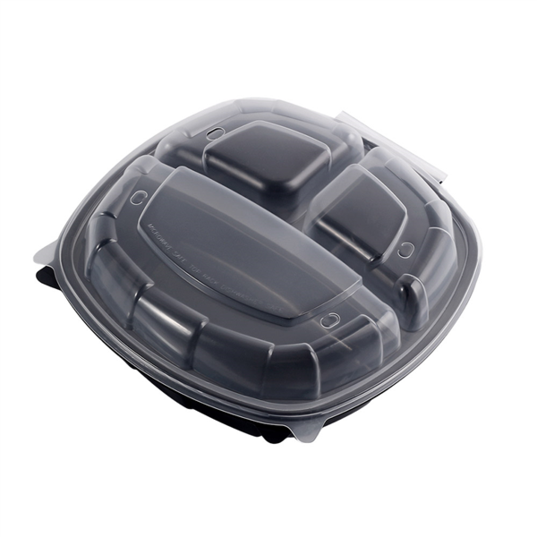 RECIPIENTES CON TAPA BISAGRA 3 COMPARTIMENTOS MICROONDABLES 1350 ML 24,9x25,8x7,2 CM NEGRO PP (100 UNID.)
