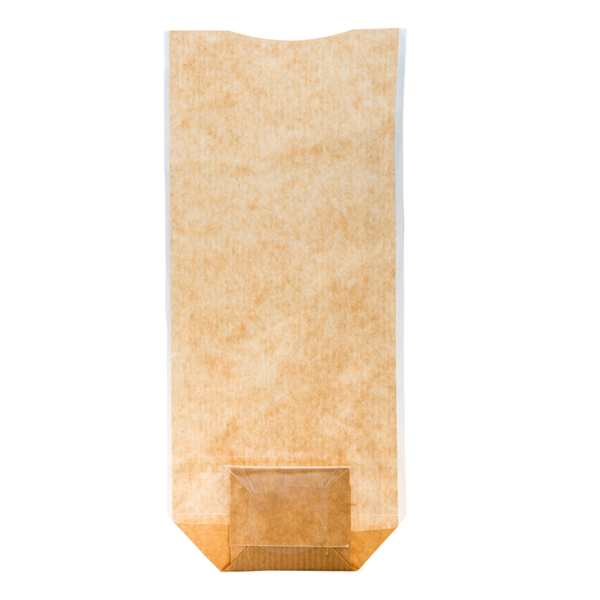 [801.74] SACHETS CON BASE Y VENTANA PP 12x26 CM NATURAL KRAFT (100 UNID.)