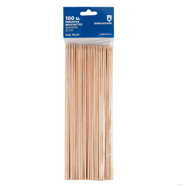 Brochetas 25 Cm Natural Madera (100 Unid.)