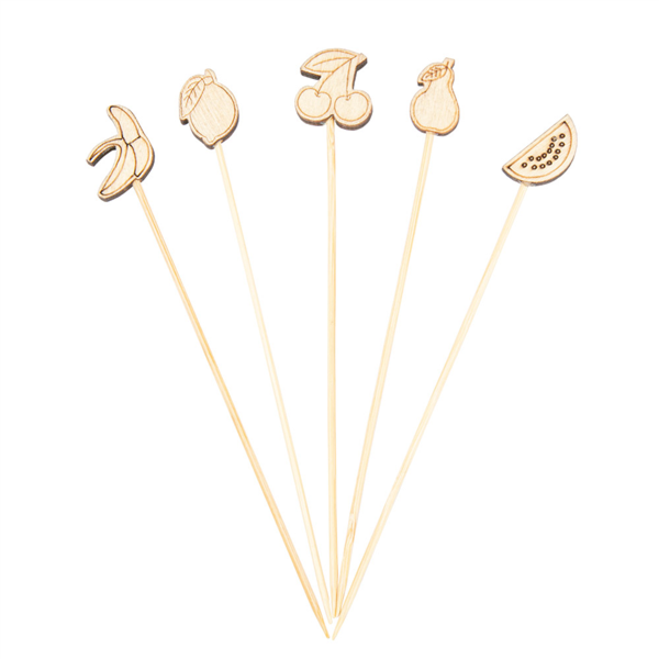 [250.19] PICKS DECORADOS "FRUTAS" 12 (h) CM SURTIDO BAMBÚ (100 UNID.)