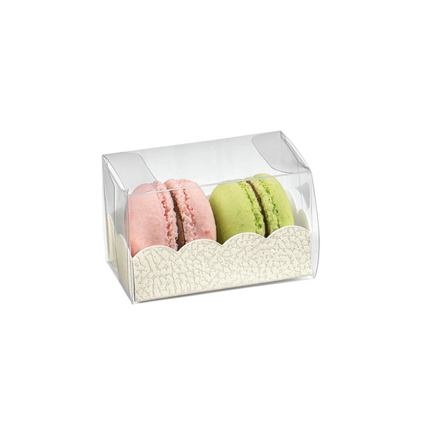 [198.11] Estuches Macarons + Bases Cartulina 8X5X5 Cm Transparente Pvc (200 Unid.)