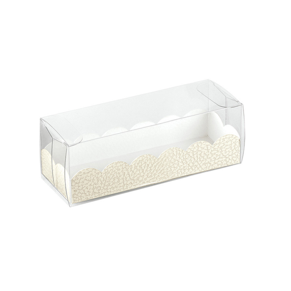 [198.12] Estuches Macarons + Bases Cartulina 16X5X5 Cm Transparente Pvc (200 Unid.)