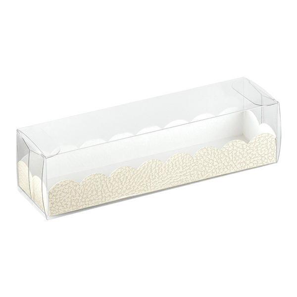 [198.13] ESTUCHES MACARONS + BASES CARTULINA 19x5x5 CM TRANSPARENTE PVC (200 UNID.)
