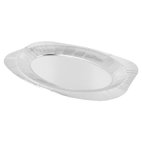[801.17] BANDEJAS OVALES 545 G/M2 24x35 CM PLATEADO CARTÓN (100 UNID.)