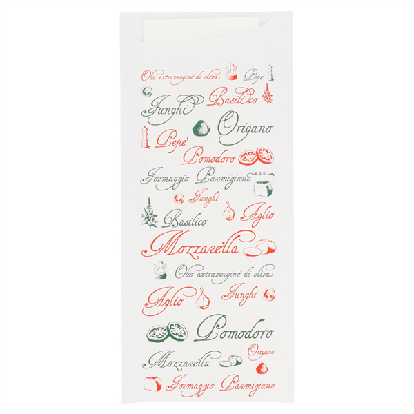 BOLSAS CUBIERTOS + SERVILLETA 'JUST IN TIME - PIZZA' 90 + 10 PE G/M2 8,5x19,5 CM BLANCO AIRLAID (250 UNID.)