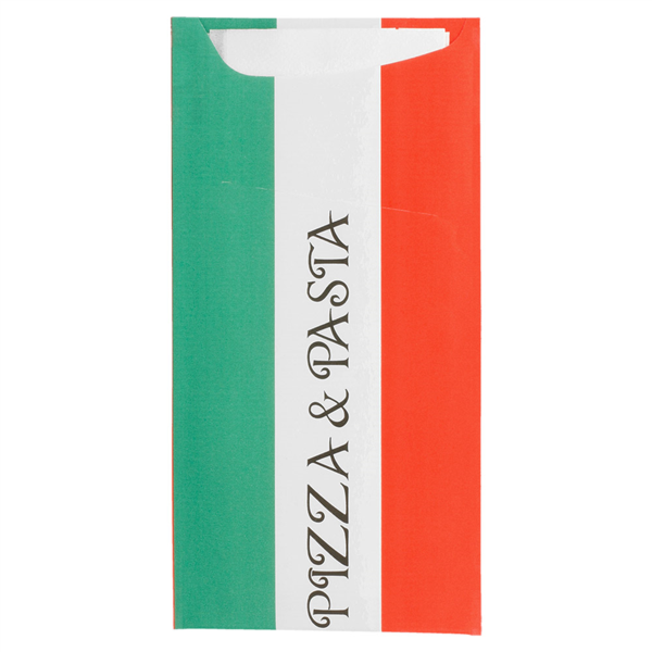 [169.58] BOLSAS CUBIERTOS + SERVILLETA 'JUST IN TIME - PIZZA & PASTA' 90 + 10 PE G/M2 11,2x22,5 CM BLANCO CELULOSA (400 UNID.)