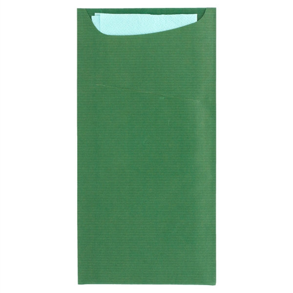 [169.43] BOLSAS CUBIERTOS + SERVILLETA 'JUST IN TIME' 80 + 10 PE G/M2 11,2x22,5 CM VERDE KRAFT VERJURADO (400 UNID.)