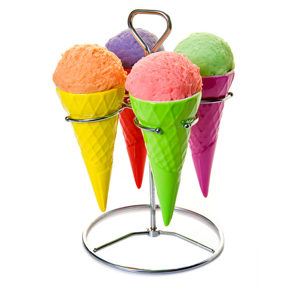 [199.09] STANDS INOX + 4 CONOS HELADOS Ø 7x14,8 CM SURTIDO PORCELANA (6 UNID.)