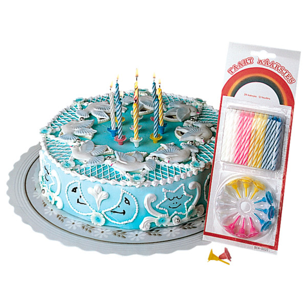 [113.45] 24 U. VELITAS CUMPLEAÑOS + 12 SOPORTES 8 CM SURTIDO CERA (1 UNID.)