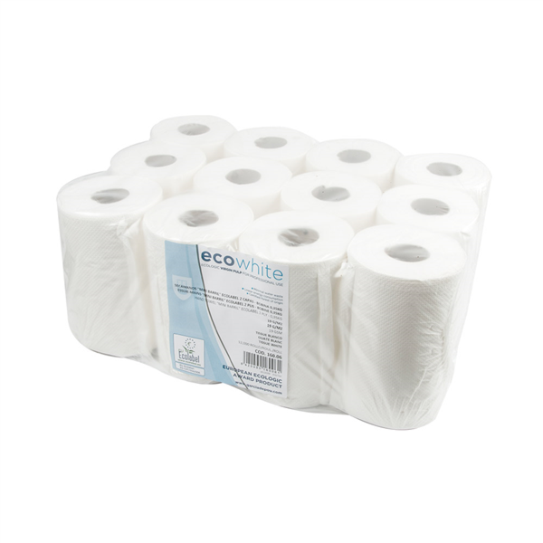 [160.06] SECAMANOS "MINI BARRIL" ECOLABEL 2 CAPAS - BOBINA 0,35KG 19 G/M2 Ø 13,2x20 CM BLANCO TISSUE (12 UNID.)