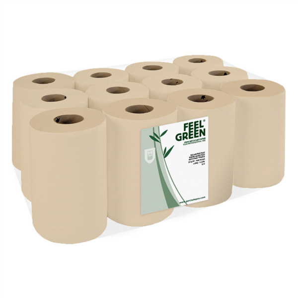 SECAMANOS "MINI BARRIL" ECOLABEL 1 CAPA - 300 HOJAS Ø 13x20 CM NATURAL PAPEL RECICLADO (12 UNID.)