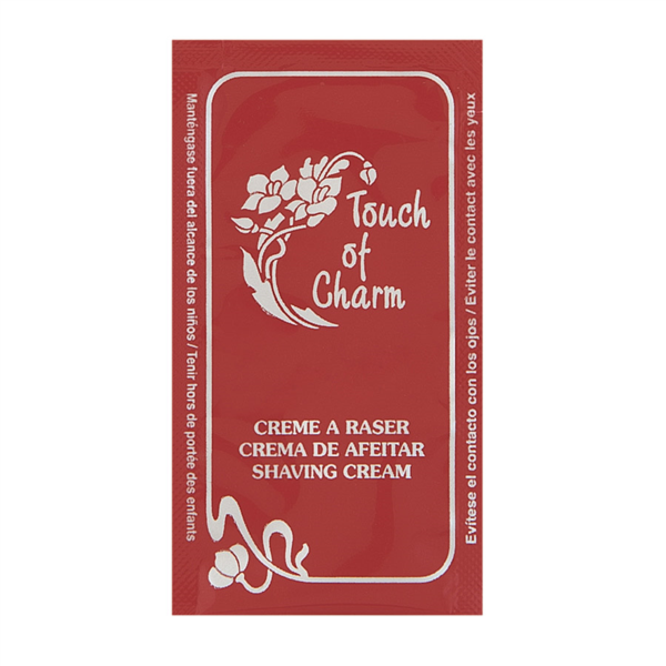 SOBRECITOS CREMA AFEITAR 'TOUCH OF CHARM' 5 ML 8x4,5 CM BURDEOS PET (2000 UNID.)