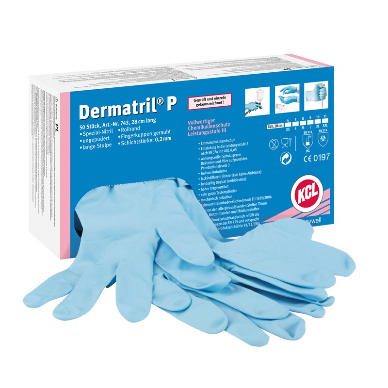 [GP743] Dermatril, Guantes Nitrilo 29cm En388 En374-jklopt Azul, Estuche 50