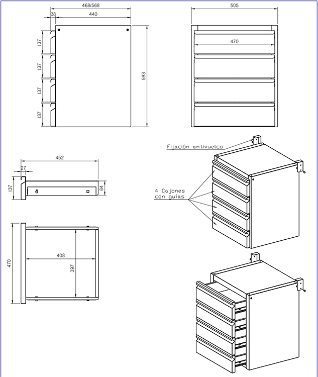 [19004873] Cajonera 4 cajones gama 600 mm medidas 505x468x593